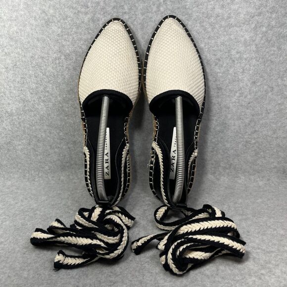 Zara Trafaluc Espadrille Flats Womens EU 40 Black White Lace Up Canvas Coastal - Picture 6 of 14